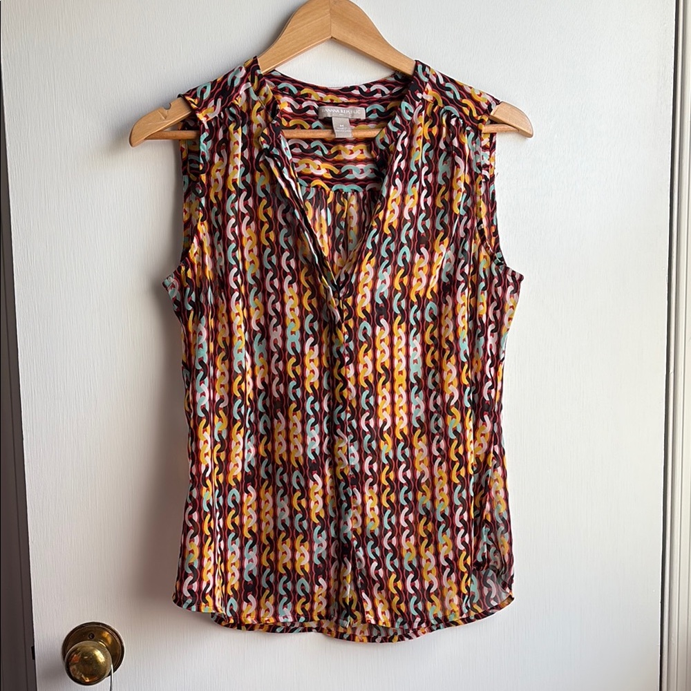 Banana Republic Blue & Orange Semisheer Blouse Mandarin Collar Chainlink pattern